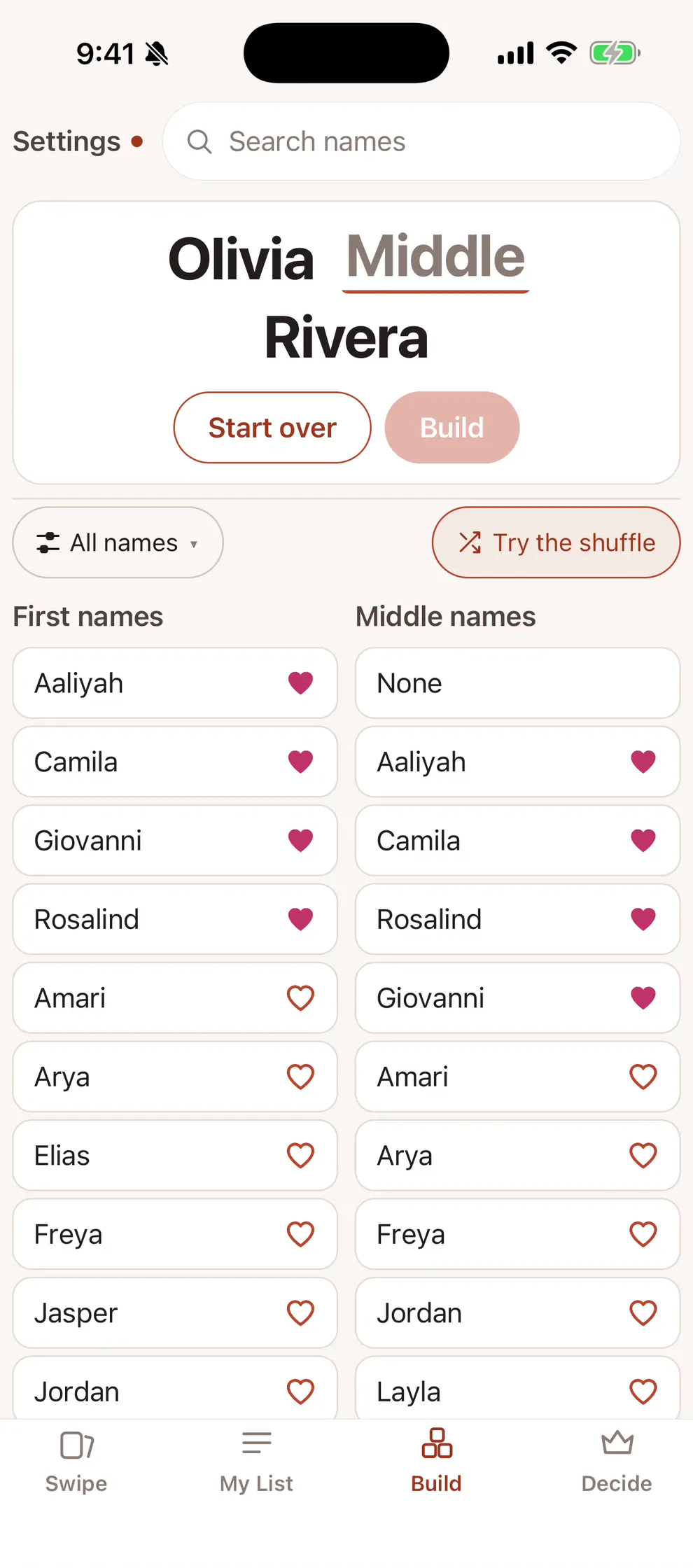 The Build screen: Olivia picked as the first name, Rivera as the last, and lists of first and middle names to choose from.
