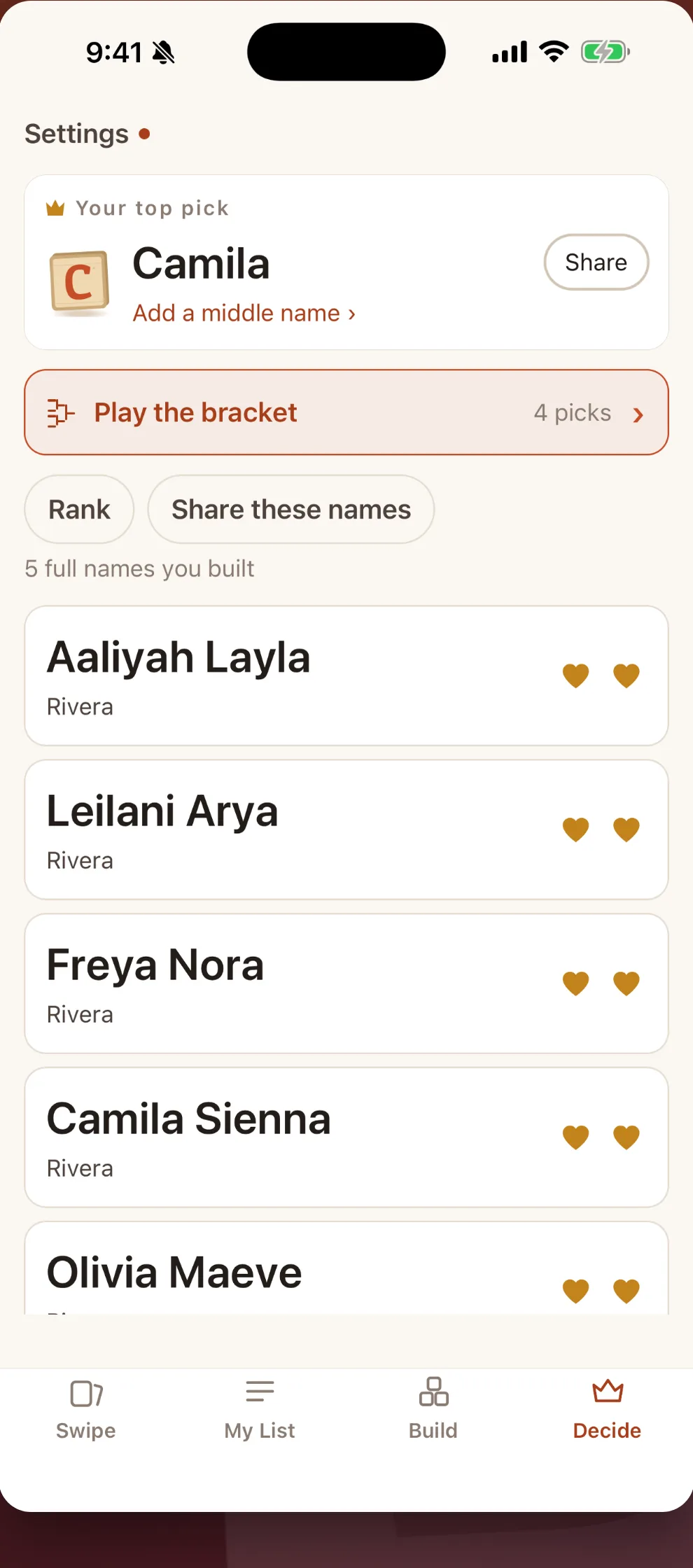 The Decide tab, with a bracket to play and a list of whole names to choose between.