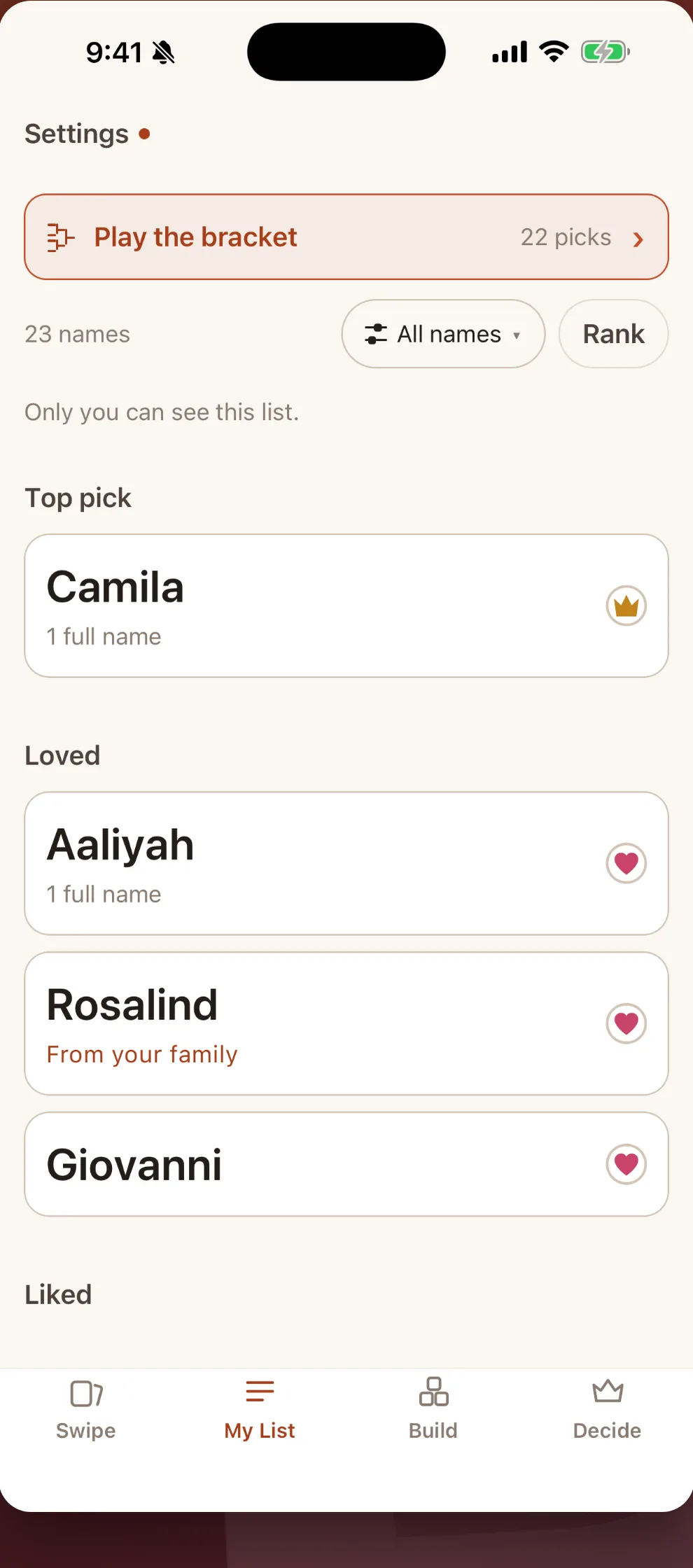 My List, showing a crowned top pick and the names that were liked.