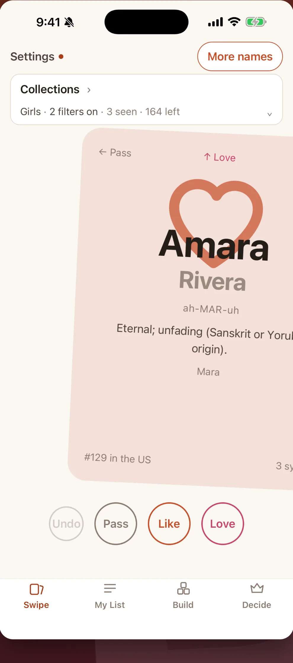 The swipe deck, showing one name on a card with buttons to pass or like it.